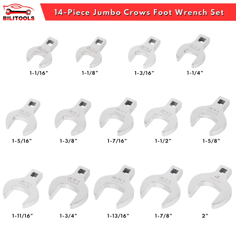 BILITOOLS 14-Piece Jumbo Crows Foot Wrench Set, 1/2" Drive Big Crowfoot Wrench, SAE, 1-1/16" - 2" mm, CR-V Steel Sae, 1-1/16" - 2"