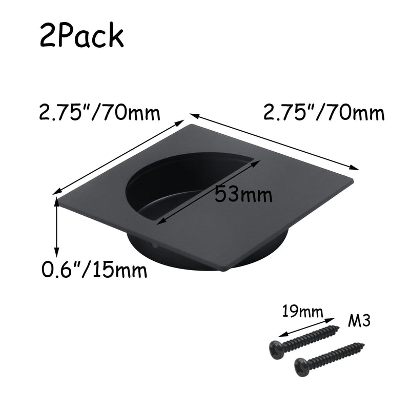 HEVSTIL 2 Pack Recessed Door Pull Square Recessed Sliding Closet Door Finger Pulls Inner Diameter 2-1/9 Inch(53mm),Flush Handles for Pocket Door Bypass Door Barn Door Handles Drawer pulls,Black 70mm Black