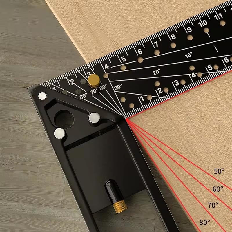 12 Inch Measuring Ruler, 45_90 Degree Hole Framing Carpenter Square Ruler, Multi-Angle Measuring Right Angle Ruler with Retractable Ledge and Scribe Mark Pin (Black)