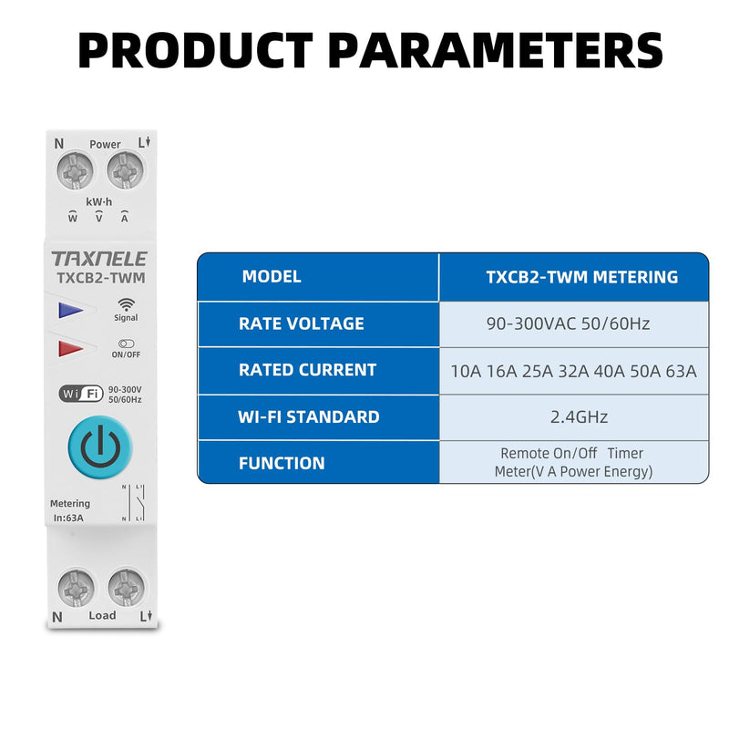 WiFi Smart Circuit Breaker Power Metering Energy Meter KWh 1P 230V 63A Voltmeter Ammeter DIN Rail Smart Life Wireless Remote Control Switch Timer Voice Control (50A)