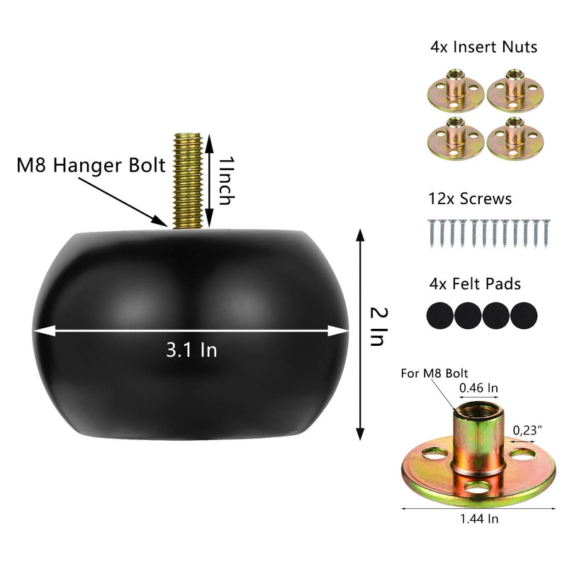 2 Inch Black Bun Feet for Furniture Set of 4 Solid Short Hardwood Round Ottoman Couch Sofa Legs