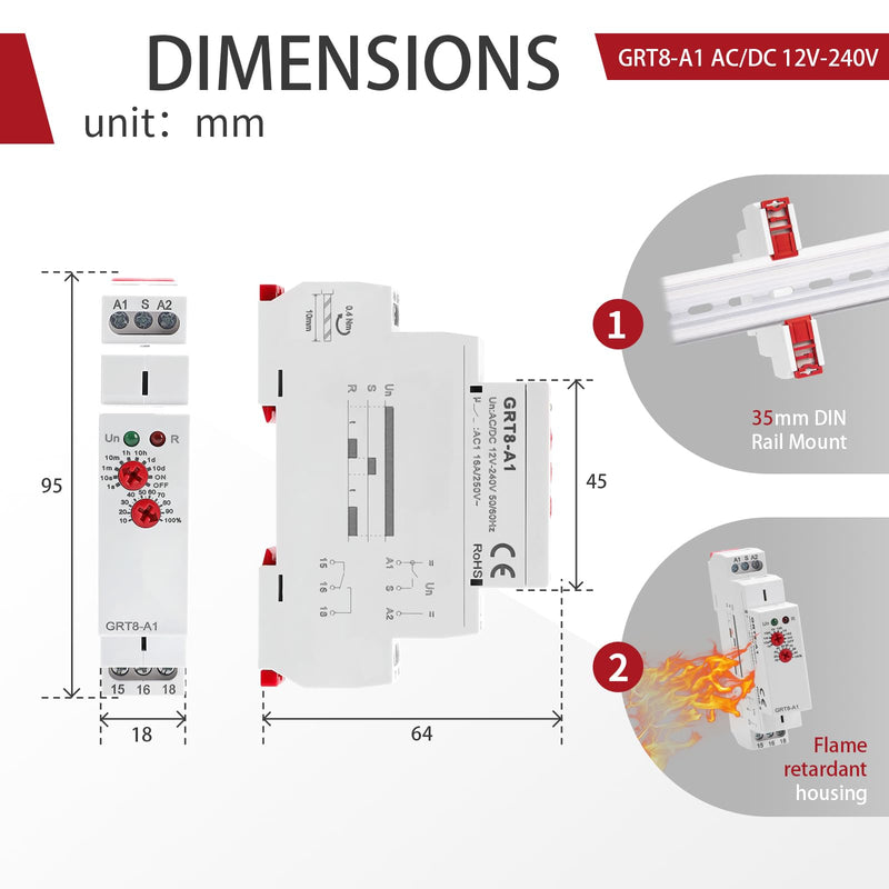 Delay On Time Relay 16A, Delay On Timer Relay GRT8 A1 Voltage Range AC DC 12V to 240V DIN Rail Electronic Relays of Wide Time Delay Range for 0.1 Seconds to 10 Days GRT8-A1 AC/DC 12V-240V