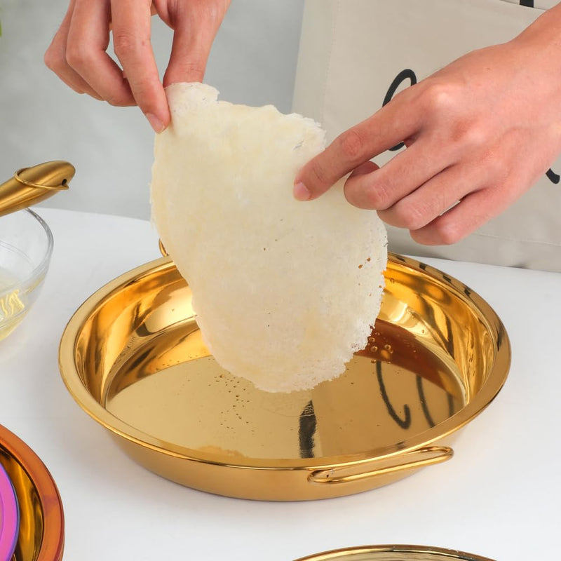 Stainless Steel 2pcs Steaming Tray Set, With plate tongs , oil brush tool，Folding handle，Chinese Liangpi Making Tools Set, For Cold Noodle，Steamed Rice，Steamer Pan Round Cake Fruit Tray (Gold) Gold