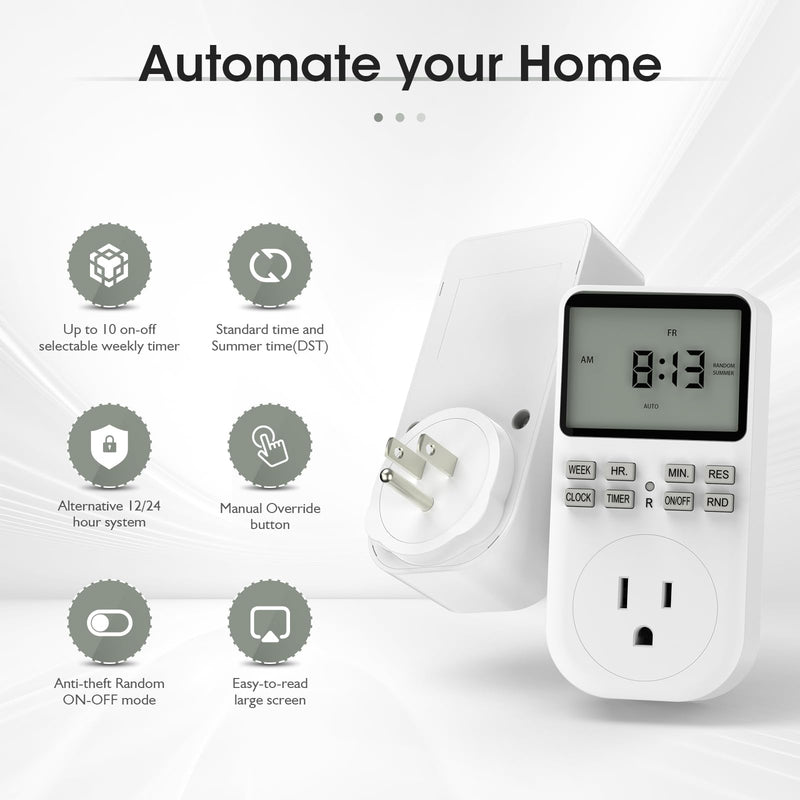 Plug in Digital Oulet Timer Switch 7 Day / 24 Hour Weekly Daily Programmable with Random Security Mode for Home Appliances and Indoor(125V,15A,1875W)