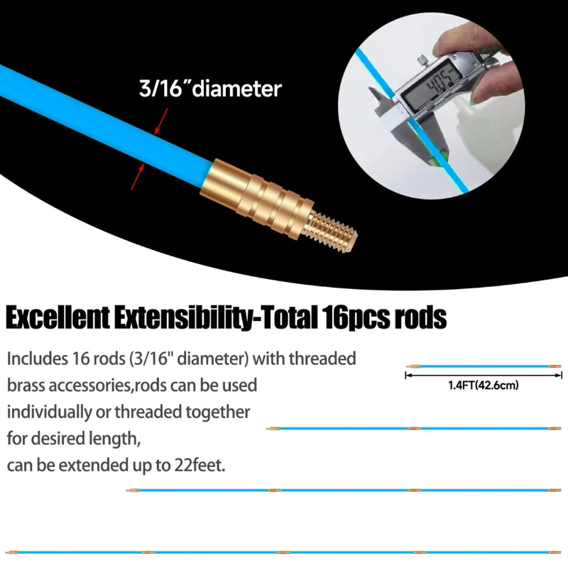 16.8FT Fiberglass Running Electrical Wire Cable Glow Rods Wire Pulling, Fish Rods Electrical Kit with 6 Different Attachments and Fish Tape Wire Puller Kit (16, Blue) 16.8FT