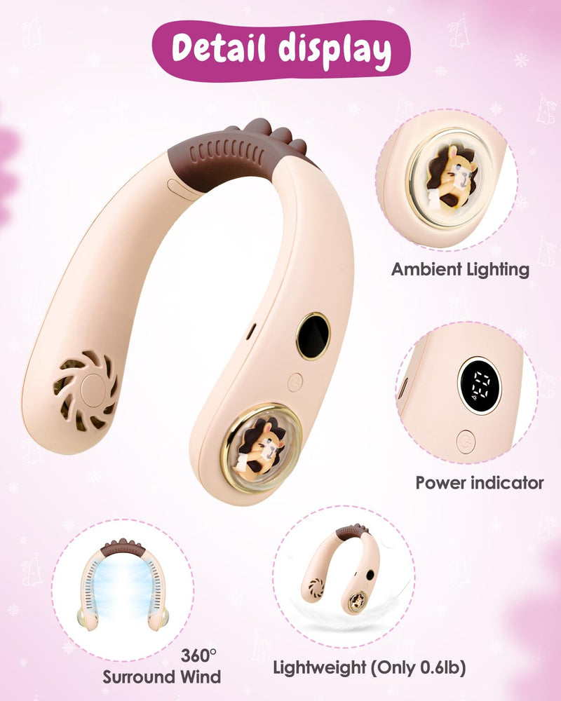 Neck Fan for Kids,Bladeless Portable Fan Rechargeable for 4-14Y Girls & Boys, 2400mAh USB Personal Cooling Mini Fan Rechargeable for Travel/Disney/Camping, 3 Speeds, Summer Essentials(Beige) Beige