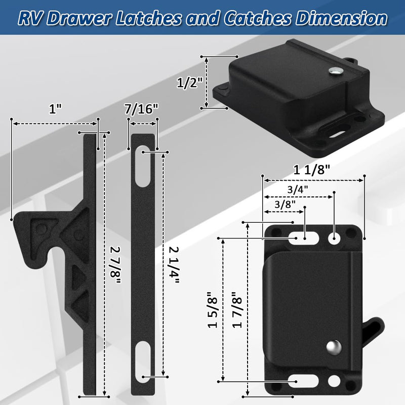 RV Drawer Latches for Camper RV Home Travel Trailer, RV Cabinet Latches Door Replacement Universal Push-to-Close Grabber Catch 10 LBS Pull Force Office Cabinet Drawer with Mounting Screws 4 Pack