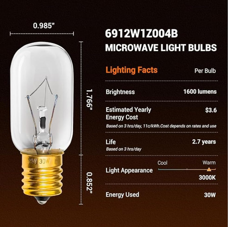 Belleone Light Bulb Fits for LG Microwave Oven - Compatible with LG Frigidaire Kenmore Whirlpool GE Over The Range Microwave, Dimmable 125V 30W E17 Base, Kitchen Night Light, Repalces 6912W1Z004B 2 Pack