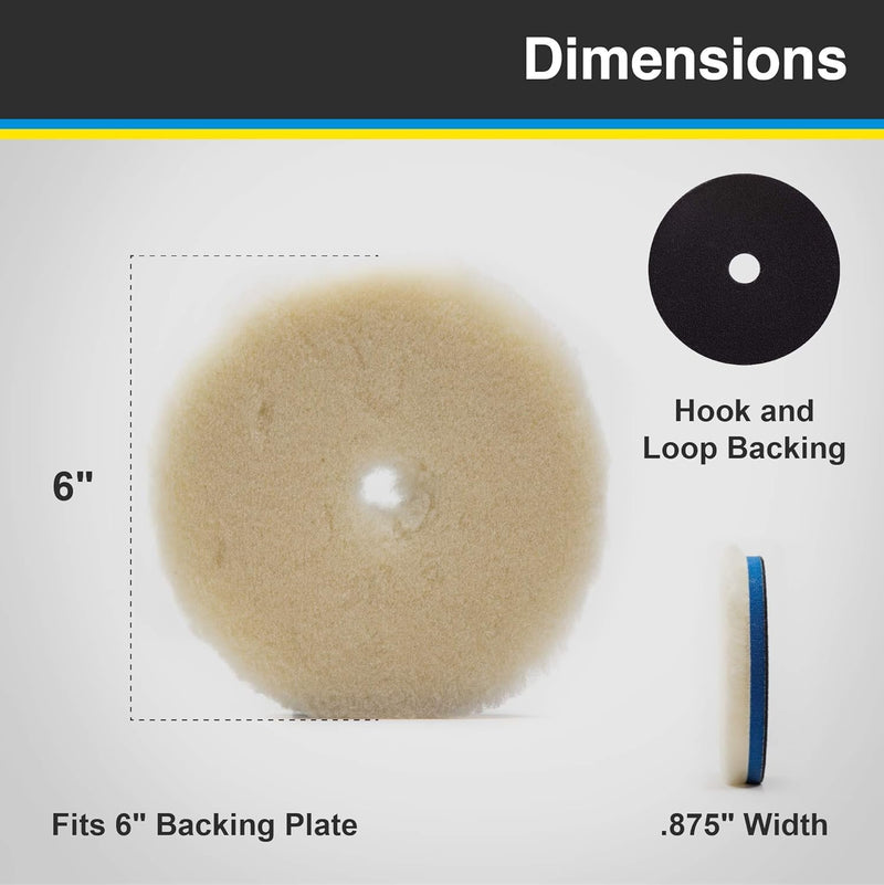 6" Low-Lint Lambswool Cutting Pad for Random Orbital DA, Forced DA or Rotary Polishers: 1/2" Pile Knitted Wool pad with 3/8" Foam Interface. (Fits 5" Backing Plate)