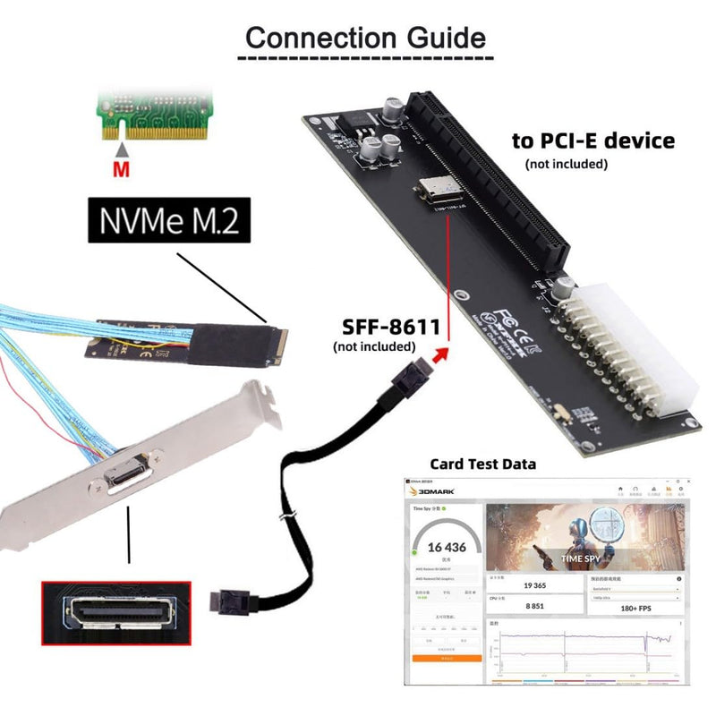 chenyang Oculink SFF-8612 to PCI-E 4.0 NVME M.2 M-Key Host Extension Cable Adapter with 8/12cm Slot Bracket for External Graphics Card & SSD 2230mm/2242mm/2260mm/2280mm Bracket