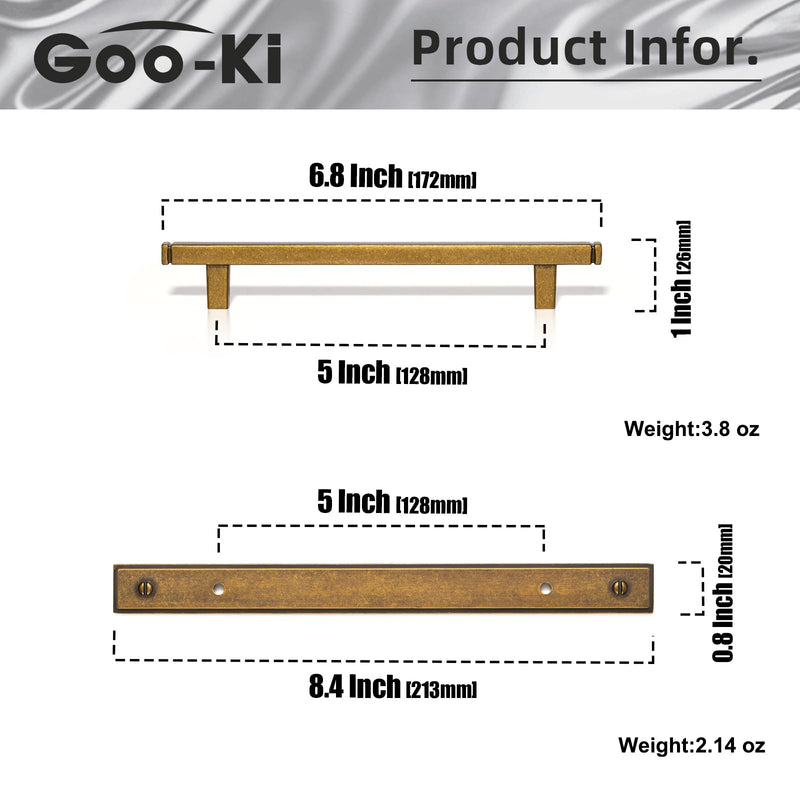 Goo-Ki 2 Pack Antique Brass Cabinet Pulls with Backplate Drawer Handles with Spacer, 5 Inch Hole Center Vintage Brass Zinc Alloy Solid Kitchen Cabinet Hardware