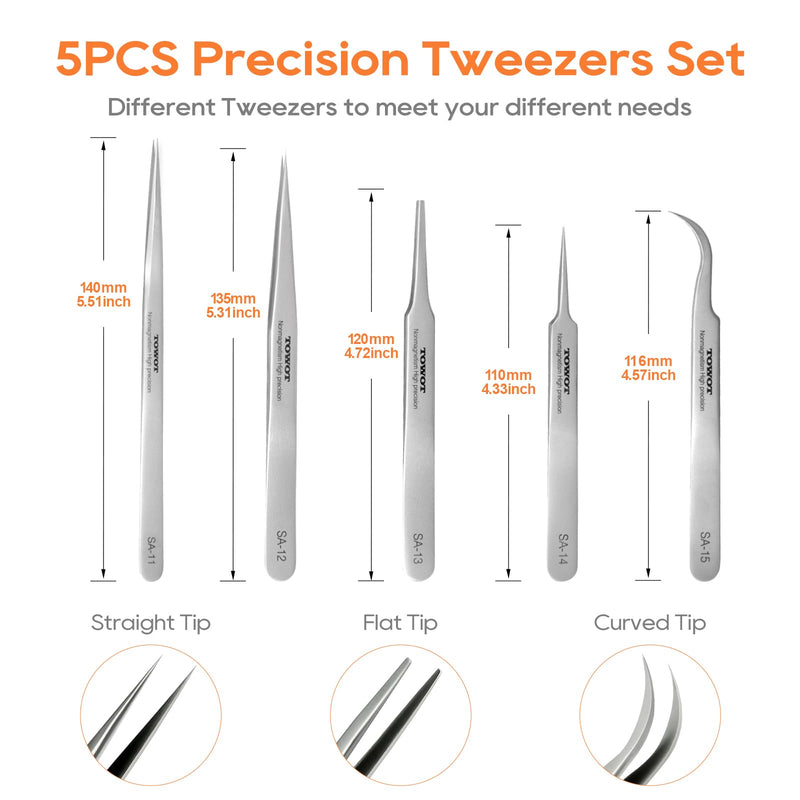 TOWOT Precision Tweezers, Stainless Steel Pointed Tweezers for Craft, Electronics, Soldering, Experimental Work, Jewelry-Making, Non-Magnetic Industrial Tweezers Fine Tip Straight LONG(140mm)