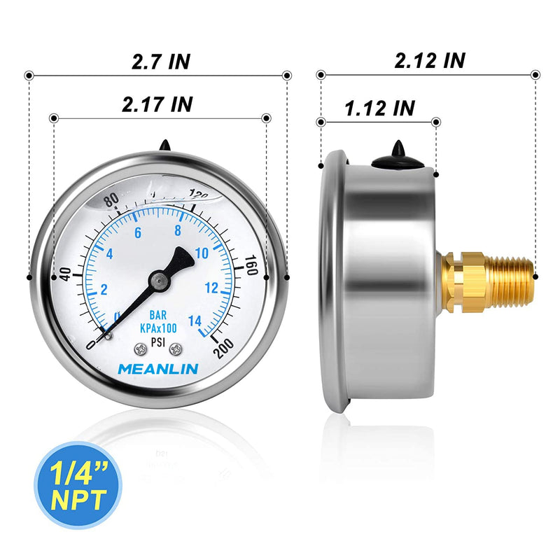 MEANLIN MEASURE 0~200Psi Stainless Steel 1/4" NPT 2.5" FACE DIAL Liquid Filled Pressure Gauge WOG Water Oil Air Back Mount (Pack of 2), with 1/2" NPT and 3/8" NPT Hex Bushing 0-200Psi (2Pcs)