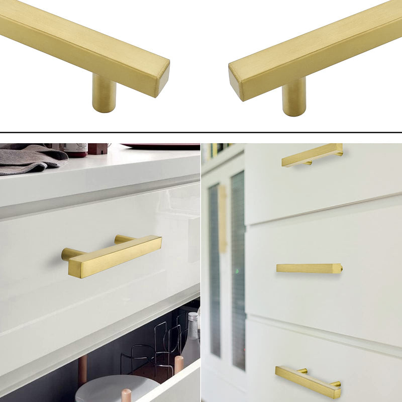 goldenwarm 10 Pack Gold Cabinet Handles 3 Inch Brushed Brass Drawer Pulls Brass Handles for Kitchen Cabinets - LS1212GD76 Gold Drawer Handles Dresser Drawer Pulls Gold Pulls, 5in Overall Length 3in hole centers