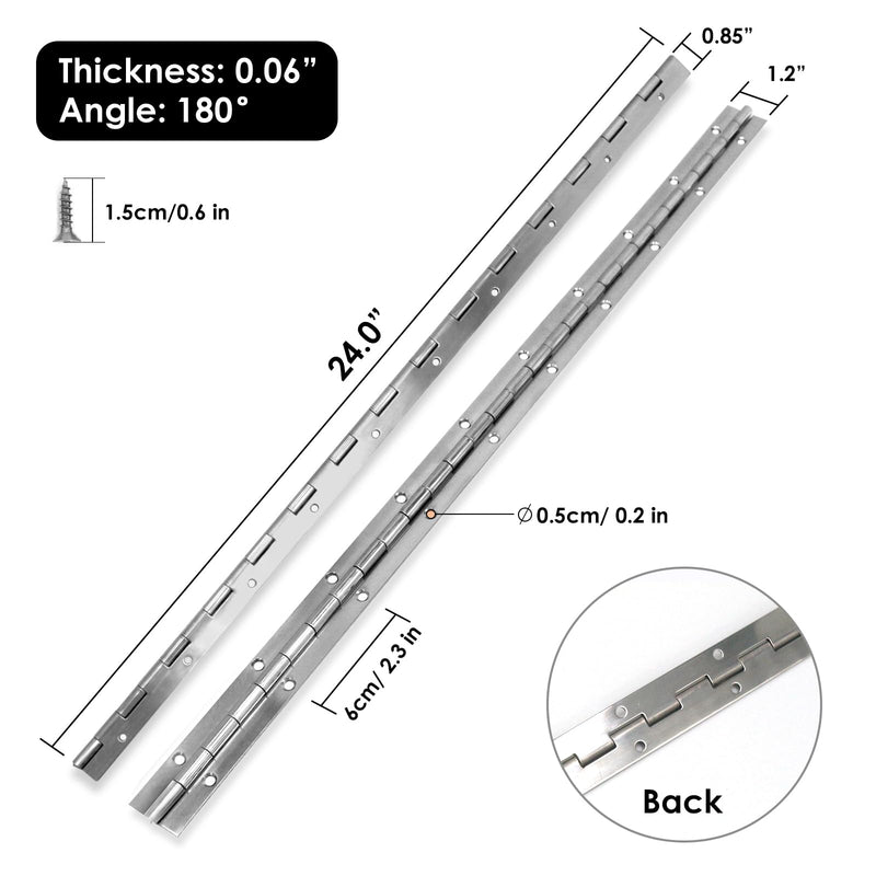Piano Hinge 24 Inch, 304 Stainless Steel Continuous & Piano Hinges, Heavy Duty Piano Hinges, Continuous Hinges with Polished Finish, 1-1/5" x 24", 0.06" Stainless Steel-1PCS
