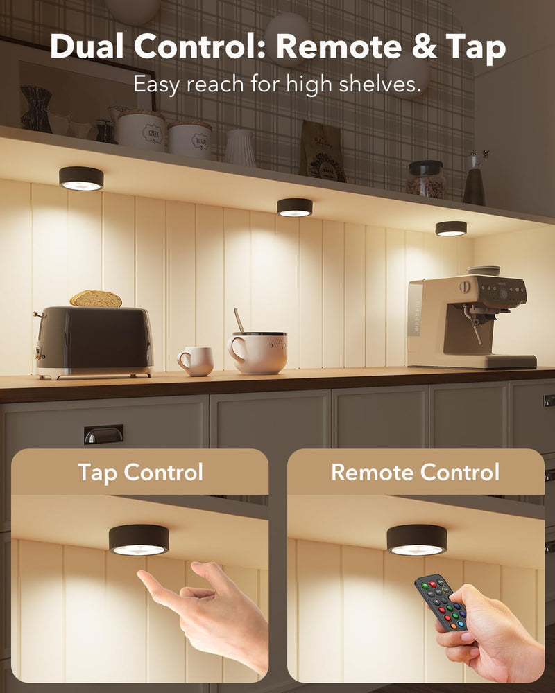 Rechargeable Under Cabinet Puck Lights with Remote Control, Black 2400mAh Battery Operated Push Button Light Stick On Magnetic Tap Lights Wireless Color Changing Touch Light for Closet Kitchen Counter 8 RGBCW