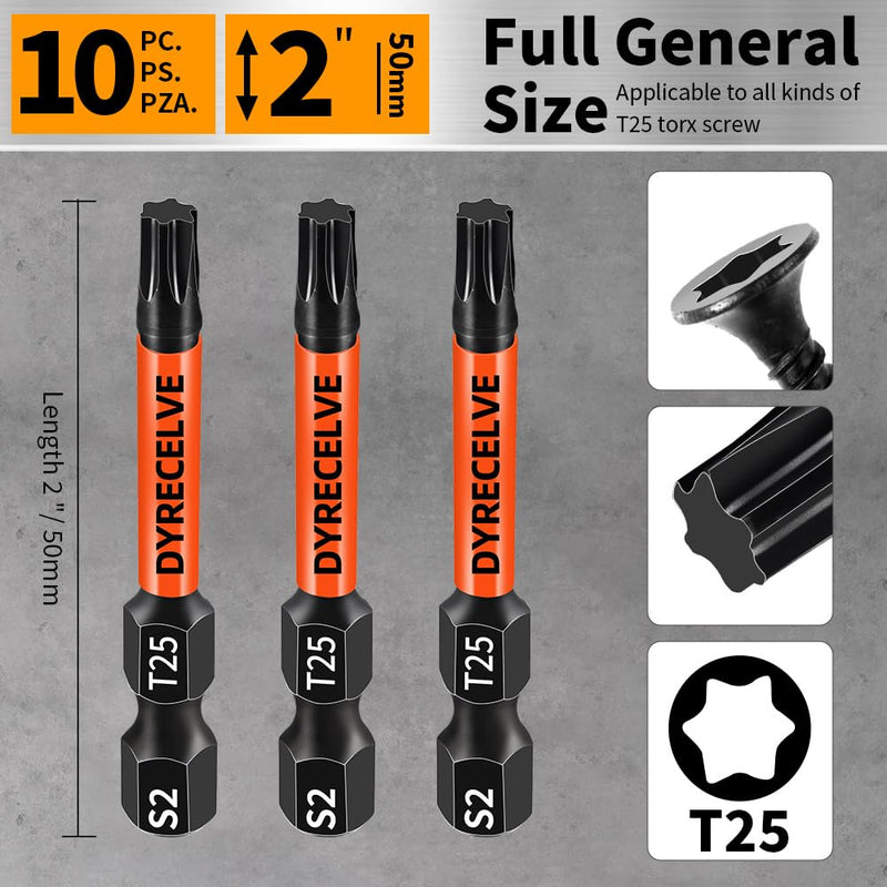 10-Pack T25 Torx Bits for Impact Driver- Torx Bit Set 2'' Long, Profession Star Bits Set, Magnetic T-25 Torx Bit, S2 Alloy Steel Torque Bits, T Bit Set 1/4'' Hex-Shank, Star Drill Bit Set, T25 Bit 10pcs T-25 Torx Bit