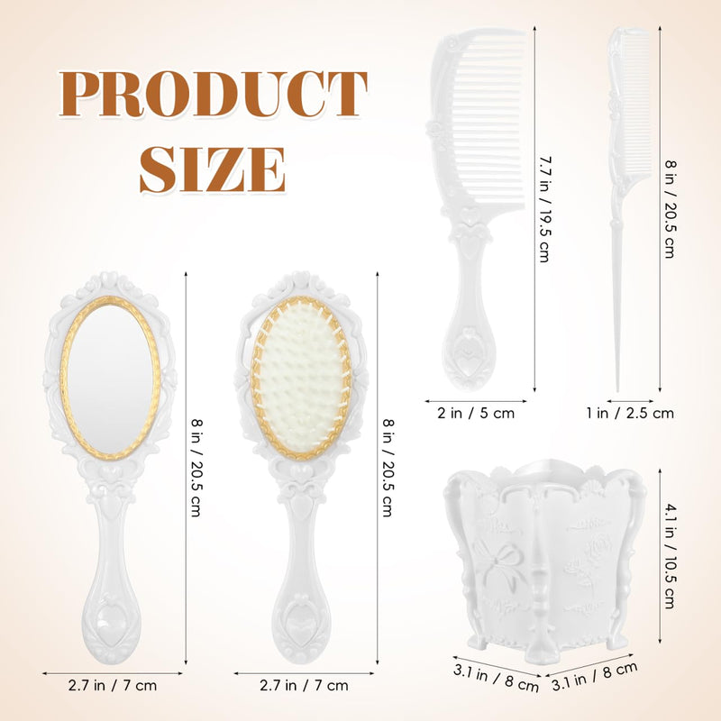 Vanity Set Comb Brush Mirror: Hand Mirror Comb Set Brush, with Storage Holder for Women Girl Creative （White）