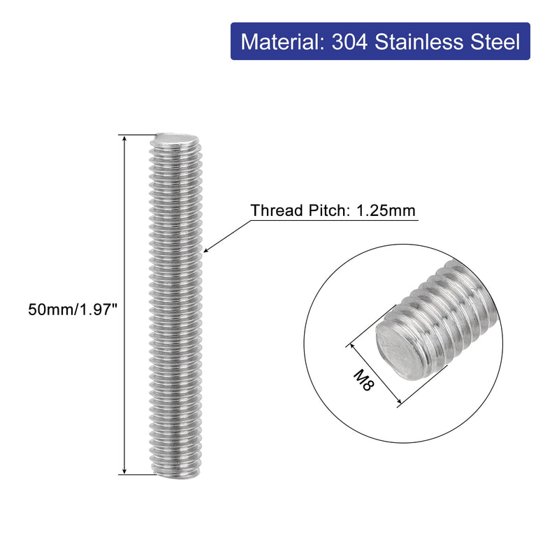 uxcell 4Pcs Fully Threaded Rod, M8 x 50mm 304 Stainless Steel Right Hand Thread Bar Studs M8-1.25 Thread Pitch for Furniture Machinery Assembly 4