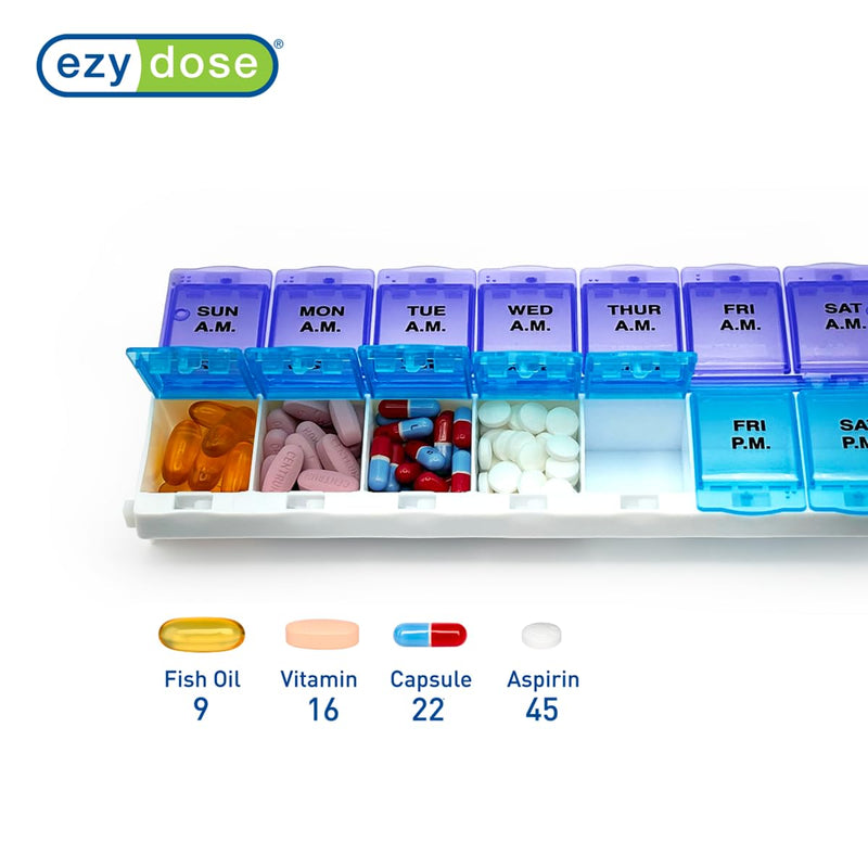 EZY DOSE Pill Organizer Weekly AM/PM (7-Day), Medicine Planner, Vitamin Case/Box, 2X-Large Locking Compartments to Secure Prescription and Prevent Accidental Spilling, Blue and Purple, BPA Free