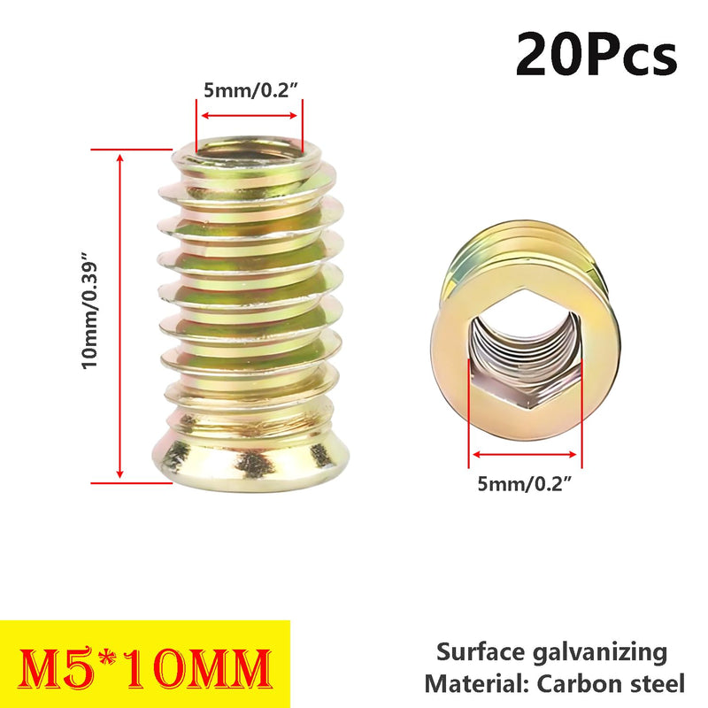 20 Pcs Threaded Insert, Hex Drive Threaded Inserts for Wood, Furniture Nuts, Hex Socket Drive M5x10mm, Wood Inserts M5 x 10
