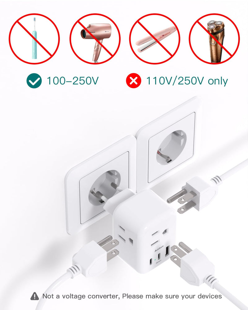 European Travel Plug Adapter, Addtam International Power Adapter with 3 Outlets 3 USB Charging Ports(2 USB C), Type C Adapter Travel Essentials to Most Europe EU Spain Italy France