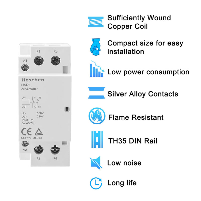 Heschen Household AC Contactor HSR1-63 2 Pole Two Normally Closed 220V/230V Coil Voltage 35mm DIN Rail Mount