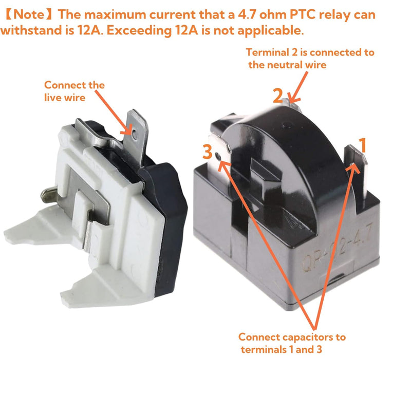 1Pcs QP-02-4.7 PTC Refrigerator Start Relay 3Pin Coolers Compressor Starter 4.7 Ohm with 1Pcs Refrigerator Overload Protector 1/2HP
