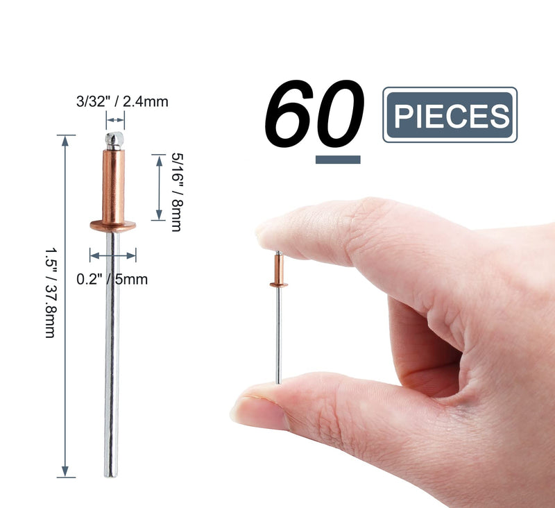 3/32" x 5/16" Red Copper Pop Rivets Assortment - 60Pcs, Aluminum Rivets Metal Blind Rivets Kayak Rivets Tool Marine rivet fasteners for Boat 3/32" x 5/16" Red, 60pcs