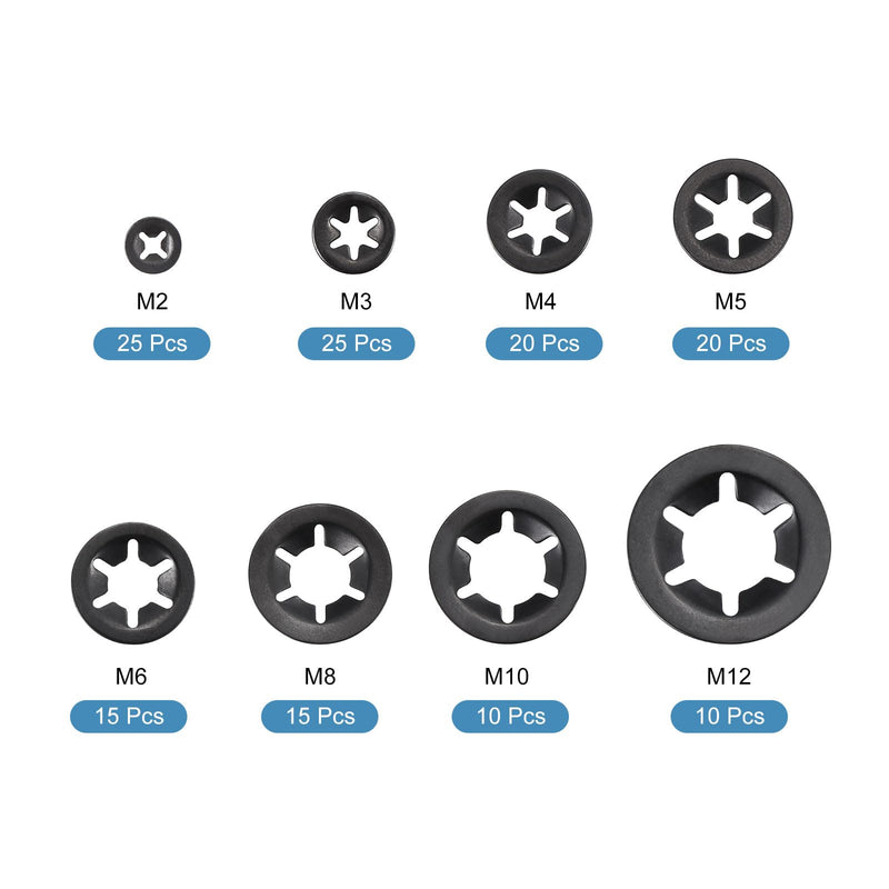 uxcell 140Pcs Internal Tooth Washers Assortment Kit, 65Mn Tooth ing Ring Washers Quick Speed Nut ing Fastener, 8 Size, Black 140