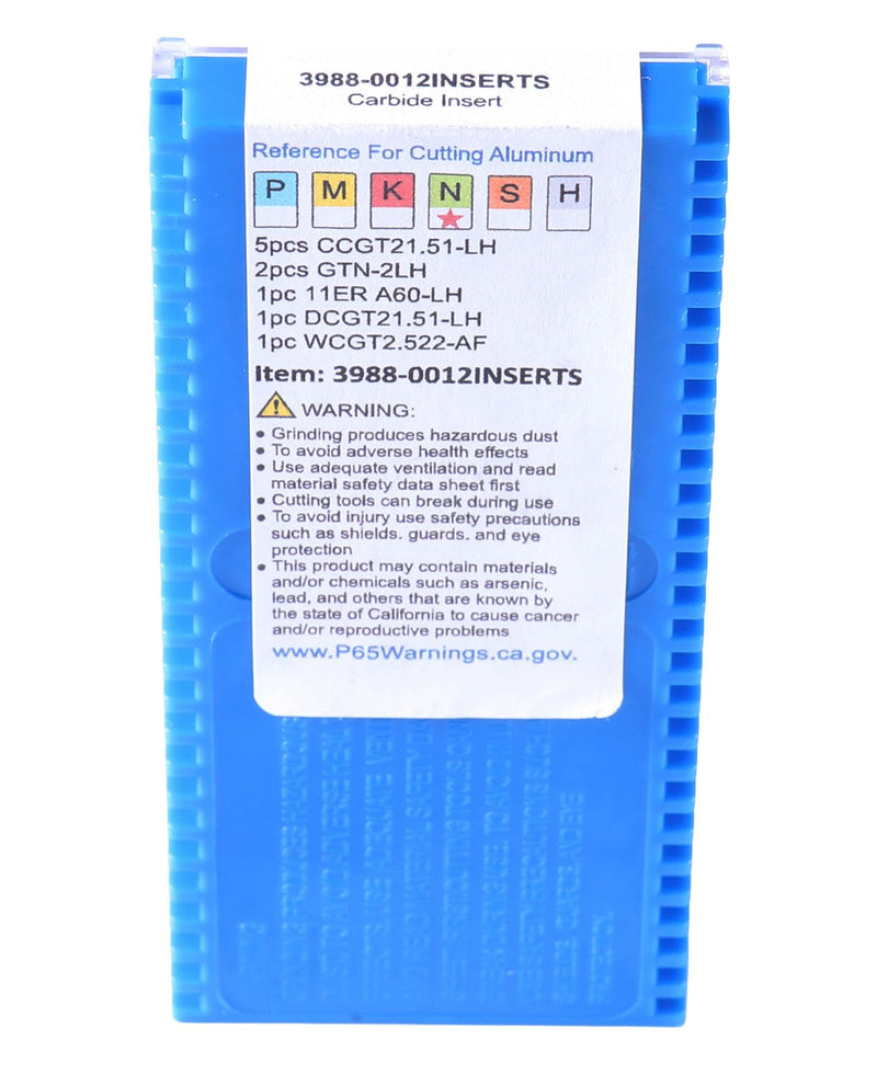 Accusize Carbide Insert Set for 1/2 in Turning Tool, 10 Pc, for Aluminum | C6 Carbide Replacement Set for 3988-0012 with GTN-2LH, 11ER A60-LH, CCGT21.51-LH, DCGT21.51-LH, WCGT2.52-AF, 3988-0012INSERTS