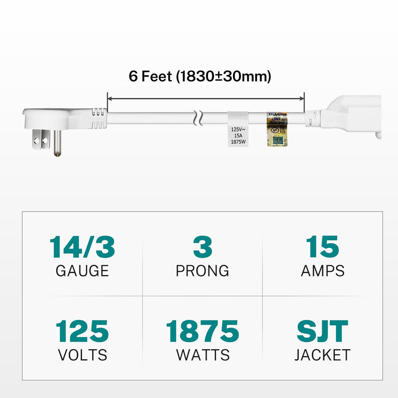 FIRMERST 6 Feet 1875W 15A Flat Plug Low Profile Extension Cord 14 AWG White 1