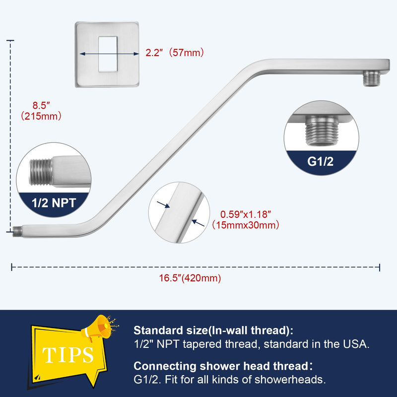 Square Shower Head Extension Arm with Flange, 16.5 Inch Z/S Shaped High Rise Shower Pipe Extender Wall-Mounted for Fixed Bathroom, Shower Head Goose Neck Arm - Extra Long Thread (Brushed Nickle) Brushed Nickle