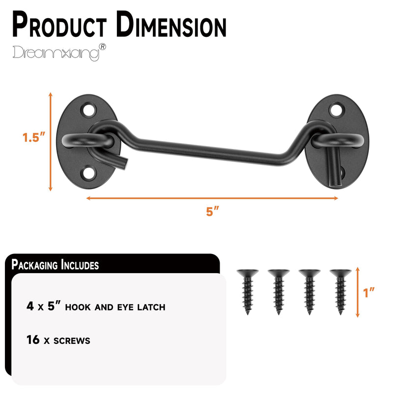 5" Privacy Eye Hook Door Latch for Screen Door, Window, Cabinet Barn Door, Fence Gate & More - Durable Hook and Eye Latch for 90° Right Angles to 180° Planes Black (4-Pack) 4 5 Inch