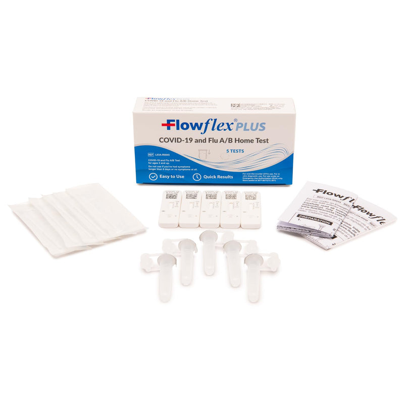 Flowflex® Plus COVID-19 and Flu A/B Home Test - (1 Package, 5 Tests) Flu A&B 3-in-1 Antigen Rapid Test, Results in 15 Minutes, FDA Authorized. Non-invasive Nasal Swab, Easy to Use with No Discomfort 1 Pack, 5 Tests