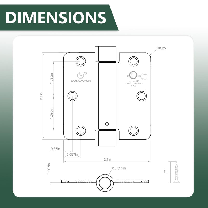Self Closing Hinge 3 ½"x 3 ½" Satin Nickel Auto Close Adjustable 3 1/2 Inch Spring Hinges Door Closer Hinge 1/4" Radius Corner for Commercial Grade Auto Self-Closing 3 Pieces Satin Nickel 1/4" Radius