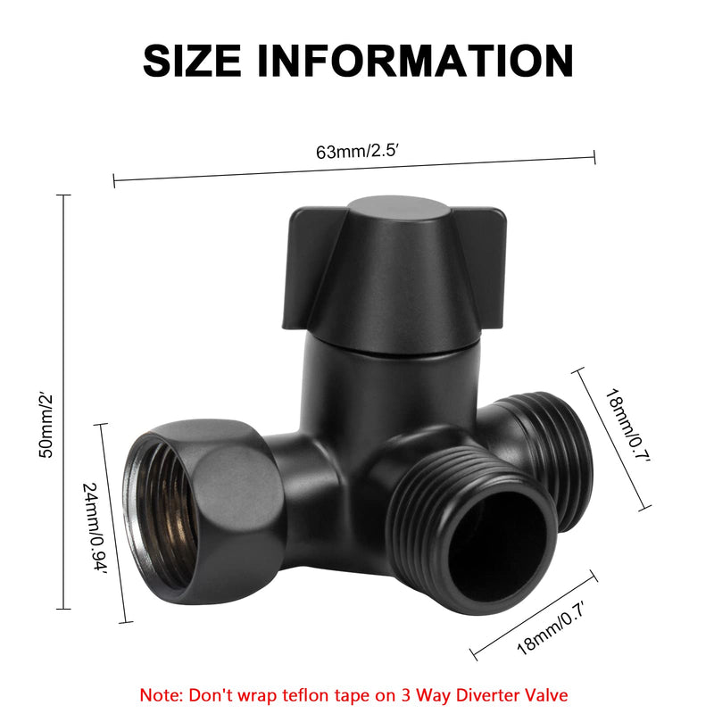 NearMoon Brass G1/2" 3-Way Shower Arm Diverter Valve for Dual Shower Head Combo, Connects Hand Shower and Fixed Spray Head Bathroom Component (Matte Black) Movable Nut Matte Black