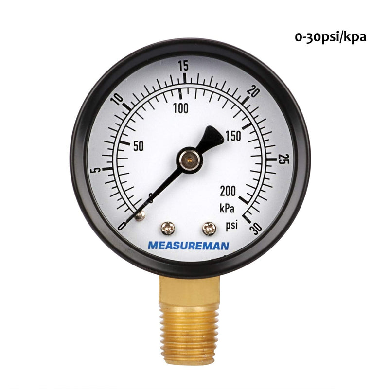 MEASUREMAN 2" Brass Gas Pressure Test Gauge Assembly, 3/4" FNPT Connection, 0-30 psi/kpa, +/-3-2-3% Accuracy 0-30psi/kpa Brass body