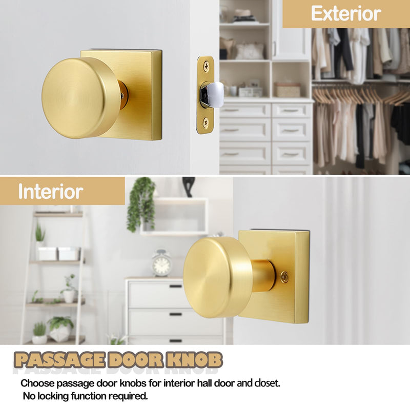 coolnews Brushed Gold Door Knob Passage Door Knobs Interior, Modern Round Door Knob Satin Brass Door Handle for Hallway Pantry Closet