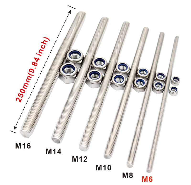 M6x250mm Fully Threaded Rod Studs Long Metric Threaded Screw 304 Stainless Steel Right Hand Threads All Threaded Rod Studs for Anchor Bolts Clamps Hangers U-Bolts 2 Pack M6*250mm