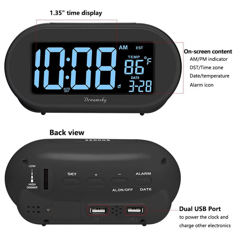 DreamSky Alarm Clocks for Bedrooms, Auto Set Digital Desk Clock for Bedside Nightstand, Electric Clock with Dimmable Brightness Dimmer, Auto DST, USB Port, Date, Temperature, Snooze Black