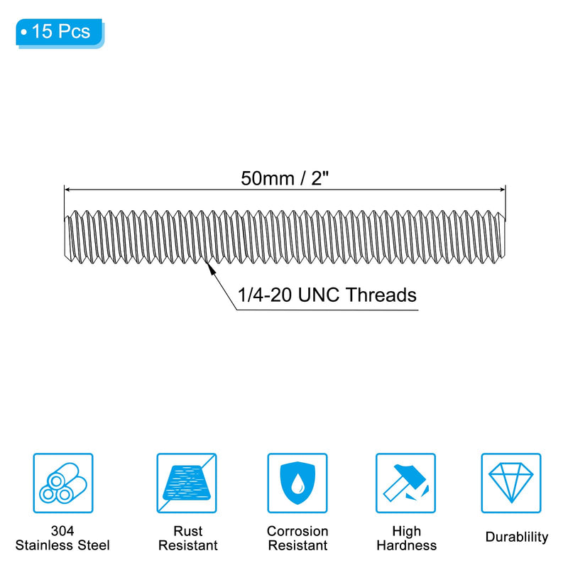 PATIKIL 1/4"-20 UNC 304 Stainless Steel Fully Threaded Rod, 15Pcs 2" Length Long Threaded Screw Right Hand Threads All Threaded Rod Studs for Anchoring Bolt, Clamps, Hangers and U-Bolts 1/4"-20 x 2"