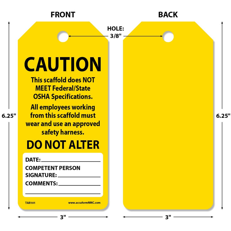 100 Scaffolding Tags by-The-Roll, Scaffold Does Not Meet Federal/State OSHA Specifications, US Made OSHA Compliant Scaffold Tags, Waterproof PF-Cardstock, Resists Tears, 6.25"x3", TAR101 100 Tags
