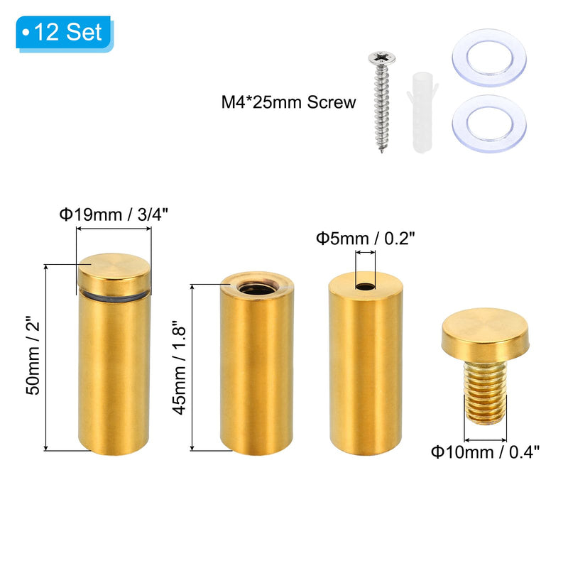 PATIKIL 3/4 x 2 Inch Sign Standoff Screws, 12 Set Stainless Steel Wall Standoff Mounting Hardware Advertising Glass Nail for Hanging Acrylic Picture Frame Acrylic Panel, Gold