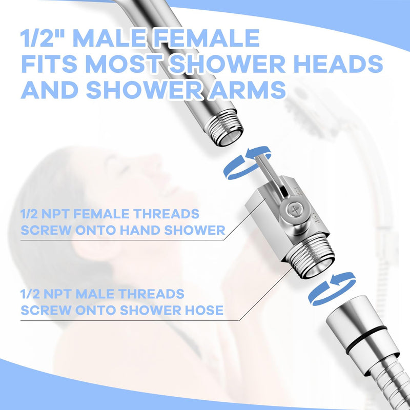 Shower Head Shut Off Valve, 1/2" NPT Water Flow Control Valve, 304 Lead-Free Stainless Steel Mini Ball Valve with Handle Lever, Shower Head Valve for Handheld Shower Head（2 Packs） 2PCS Shower Valve