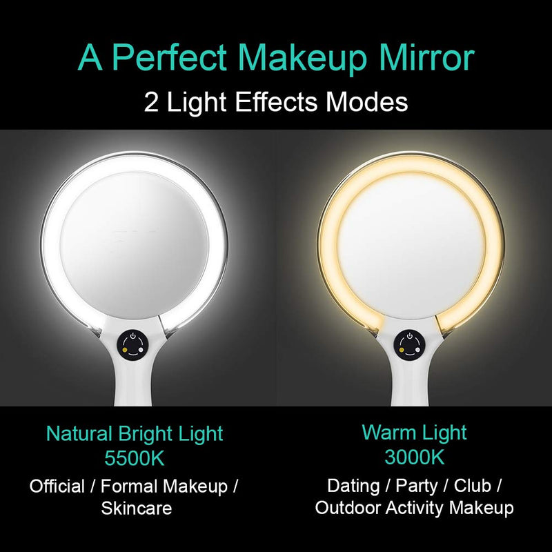 Starlite Handheld Rechargeable Lighted Makeup Mirror with Stand, 1X/5X Magnification, Dual Sided & Vanity Mirror with Bright and Warm Light, Cordless Rechargeable Mirror (White Colour) 10.5"L x 4.1"W
