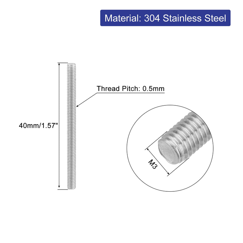 uxcell 16Pcs Fully Threaded Rod, M3 x 40mm 304 Stainless Steel Right Hand Thread Bar Studs M3-0.5 Thread Pitch for Furniture Machinery Assembly 16