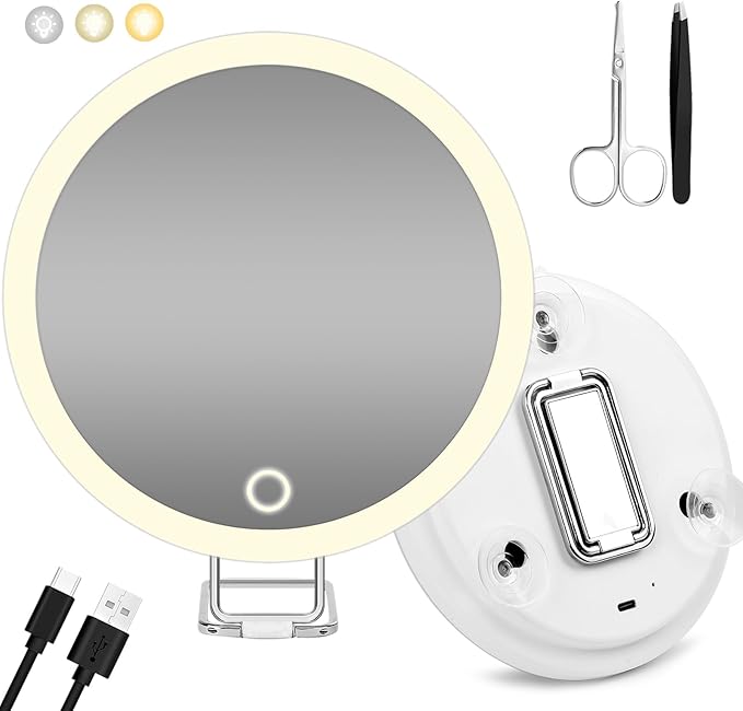 30X Magnifying Mirror with Lights, 30x Magnified Mirror with 3 Color Lights Adjustable Brightness, Rechargeable 6inch Travel Magnification with 3 Suction Cups - Includes Tweezers & Scissors White-30x 6"L x 6"W