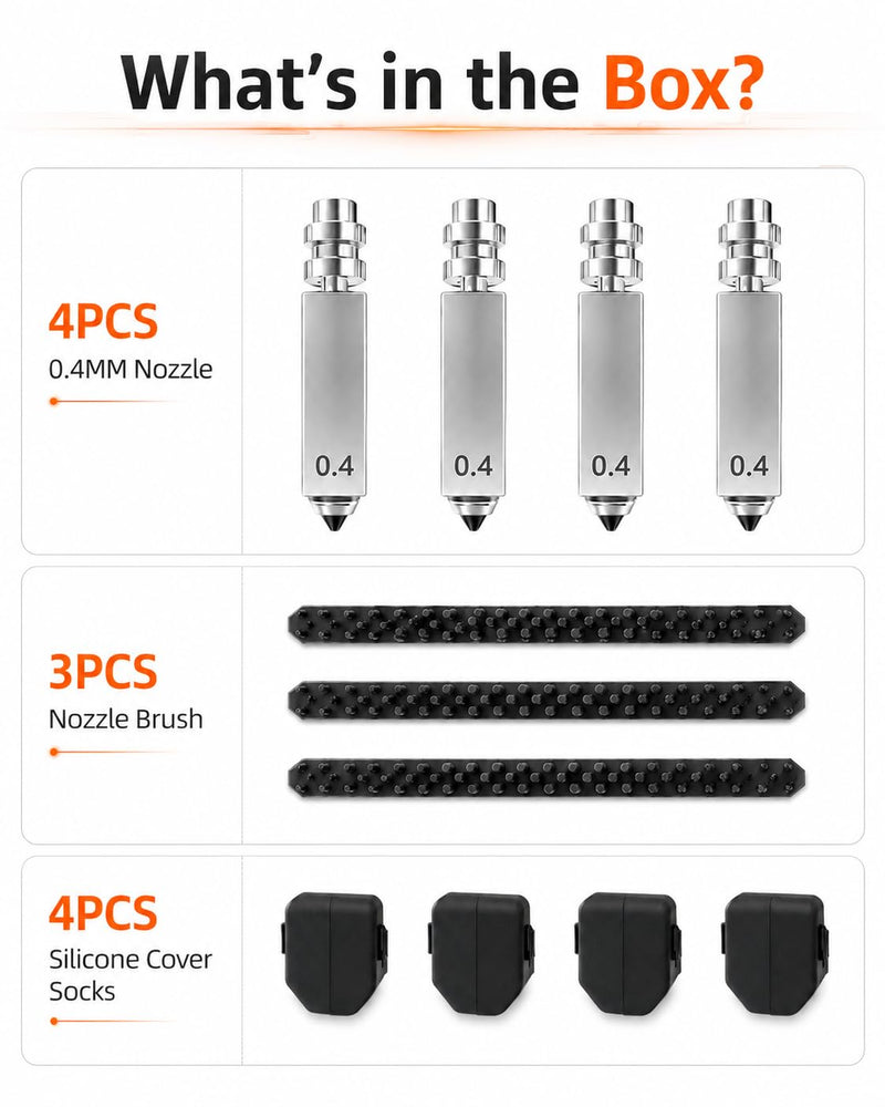 4PCS Nozzle for Kobra 4/Kobra X, 0.4MM 0.4MM 0.4MM 0.4MM Hardened Steel Integrated Nozzles kit, Quick-Swap Hotend kit with 4 Silicone Socks and 3 Cleaning Brushes