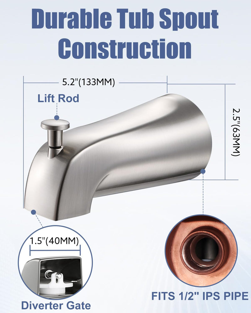 Universal Bathtub Tub Spout with Diverter, Wall Front Mount Tub Faucet Spout 1/2" IPS Thread, Compatible with Westbrass E531D-1F-62 Replacement (Brushed Nickel) Brushed Nickel